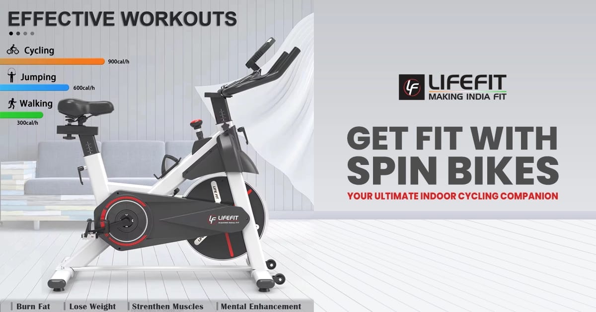 LIFE FIT Spin Bike Banner – High-quality indoor cycling bike for effective home workouts and fitness training.