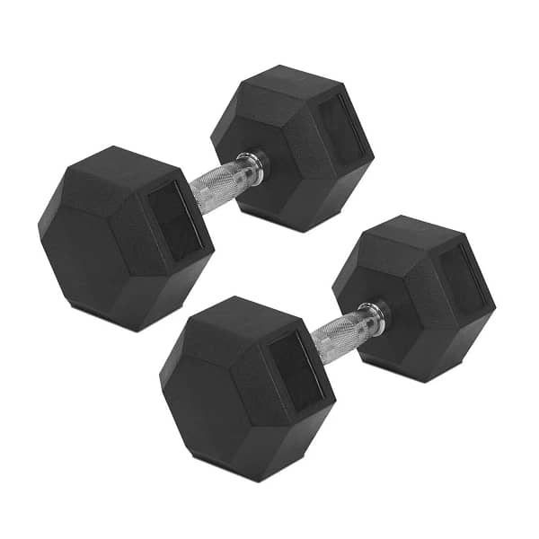 Hex dumbbells, two black weights, rest on a clean white background for strength training.